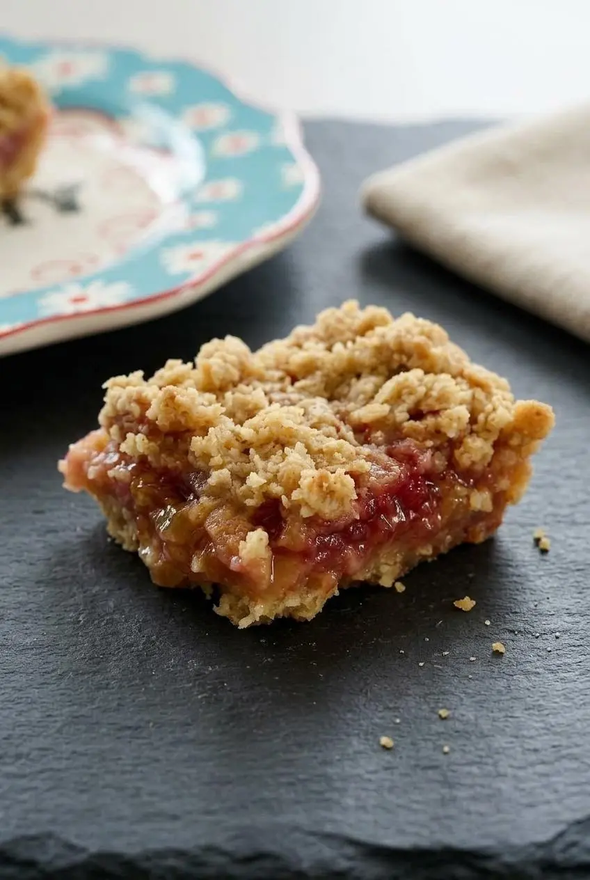 A close-up, side view of a single rhubarb crumb bar, showing the distinct layers of oat crust, thick pink rhubarb filling, and a crunchy
