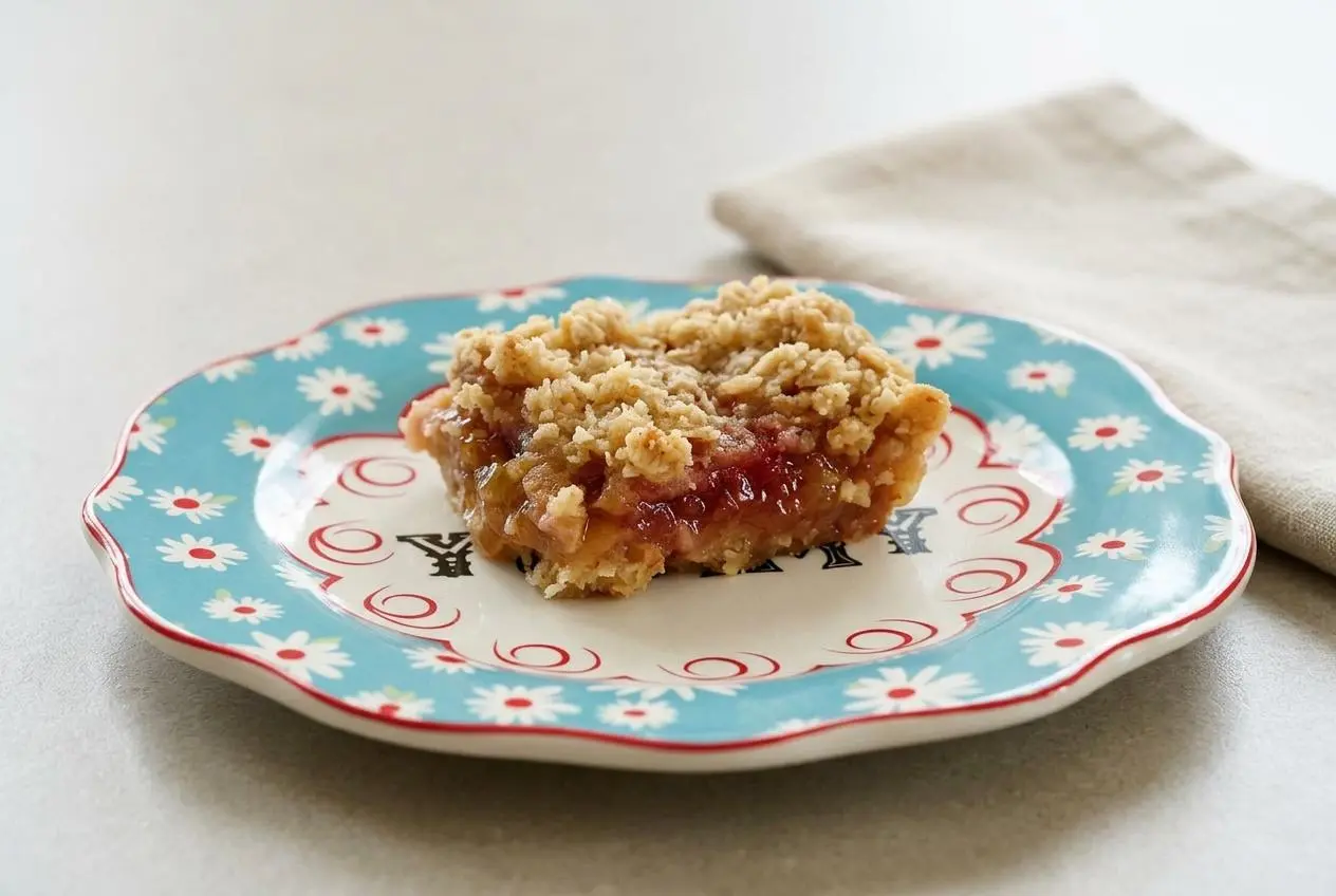 Rhubarb bars recipe shown sliced in a glass baking dish, with a thick pink filling and a golden buttery oat crumble top.