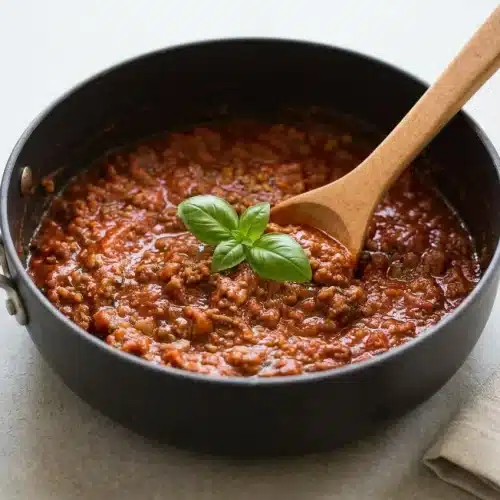 A white bowl filled with spaghetti noodles, topped with a generous scoop of rich, meaty homemade spaghetti sauce and a fresh basil leaf.