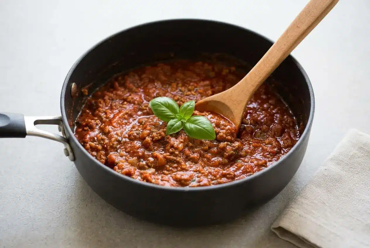 A white bowl filled with spaghetti noodles, topped with a generous scoop of rich, meaty homemade spaghetti sauce and a fresh basil leaf.