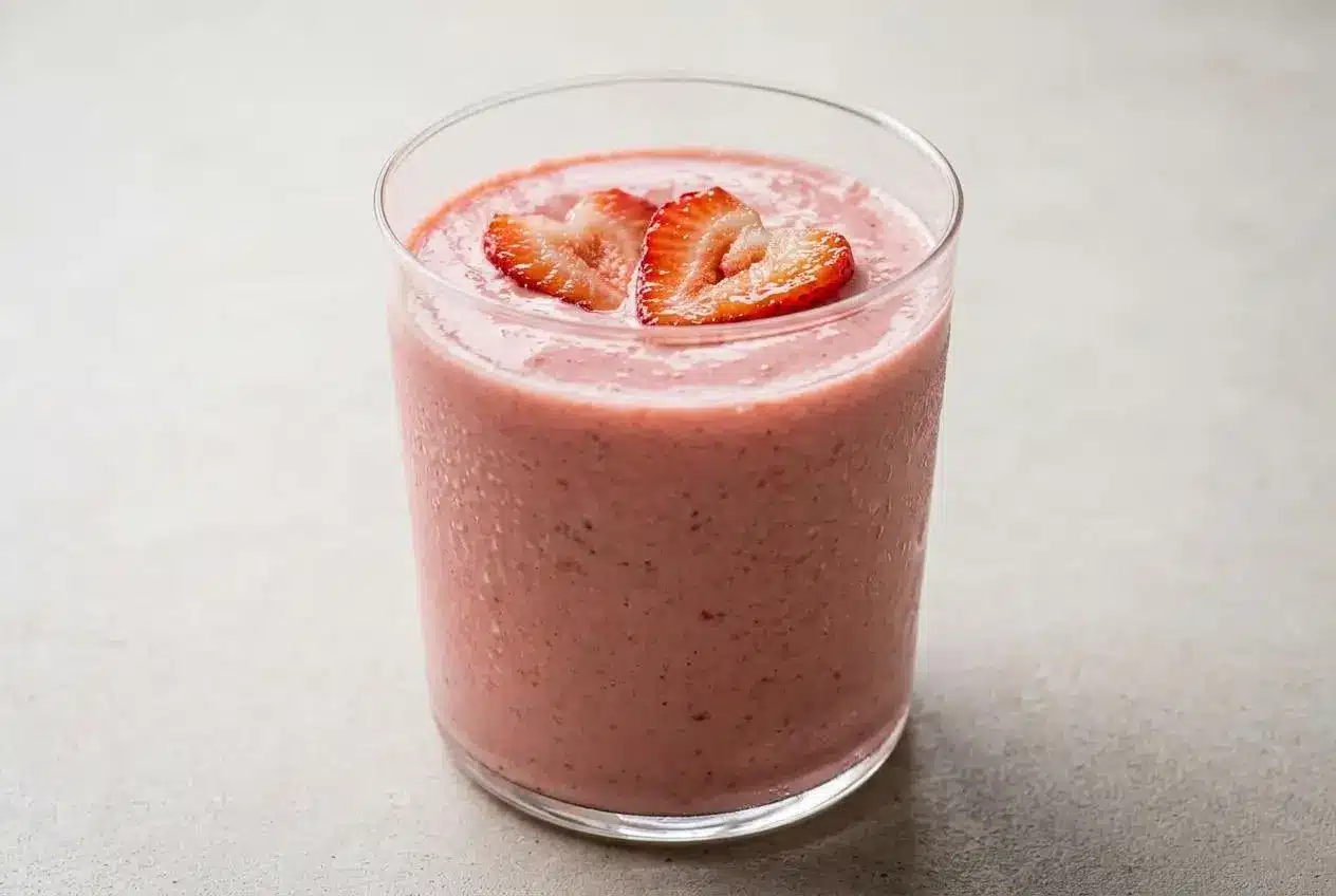 A Roasted Strawberry Protein Smoothie served in a tall glass, showing its thick, creamy texture and rich pink color.