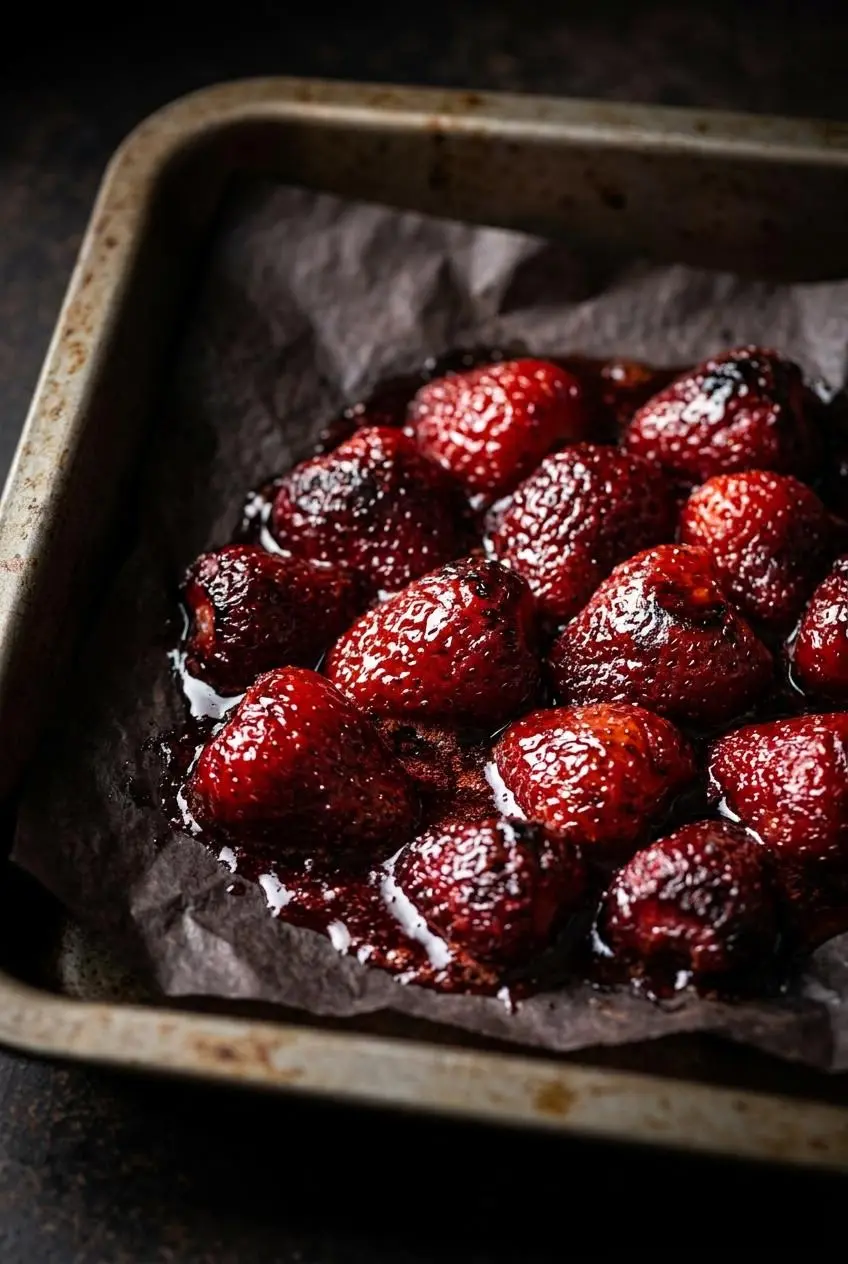 A close-up of freshly roasted strawberries in a baking dish, looking glossy and jammy with their bubbling red juices.