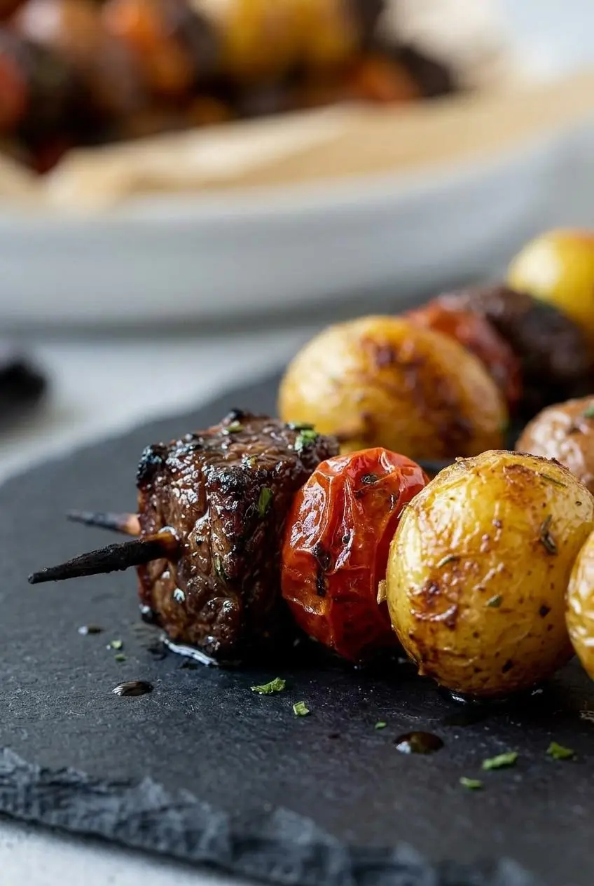 A close-up of a rosemary garlic steak kebab, showing the glistening char on the beef and a blistered tomato.
