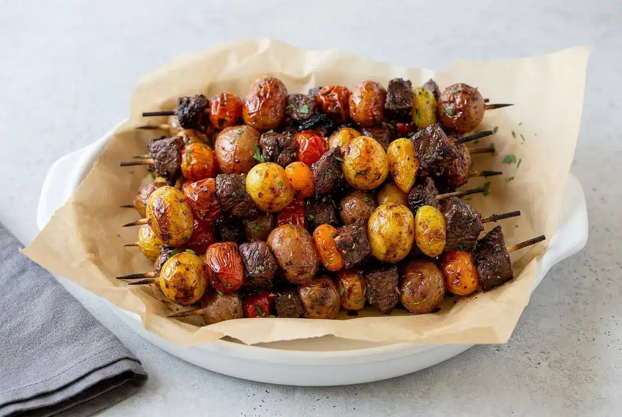 Four rosemary garlic steak kebabs with a glossy balsamic glaze, arranged on a white platter with fresh rosemary.