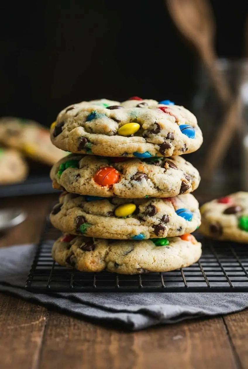 A neat stack of perfectly round M&M chocolate chip cookies cooling on a wire rack.