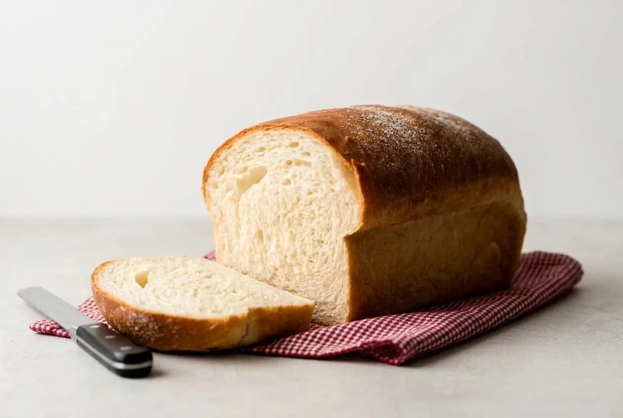 A partially sliced loaf from a sandwich bread recipe, showing a soft crumb and golden brown crust on a wire rack.