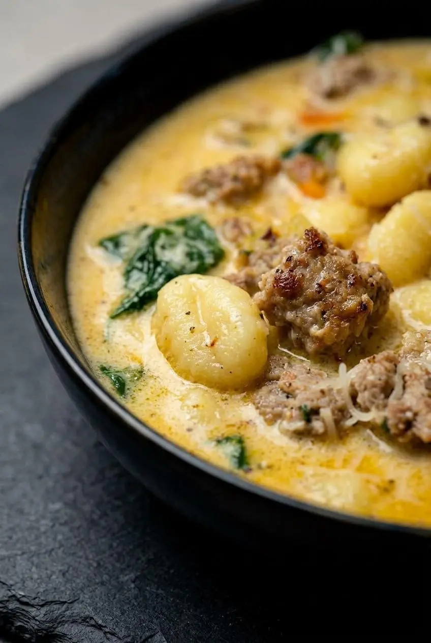 A close-up macro view of sausage gnocchi soup, showing the texture of a pillowy gnocchi, browned sausage, and creamy broth.