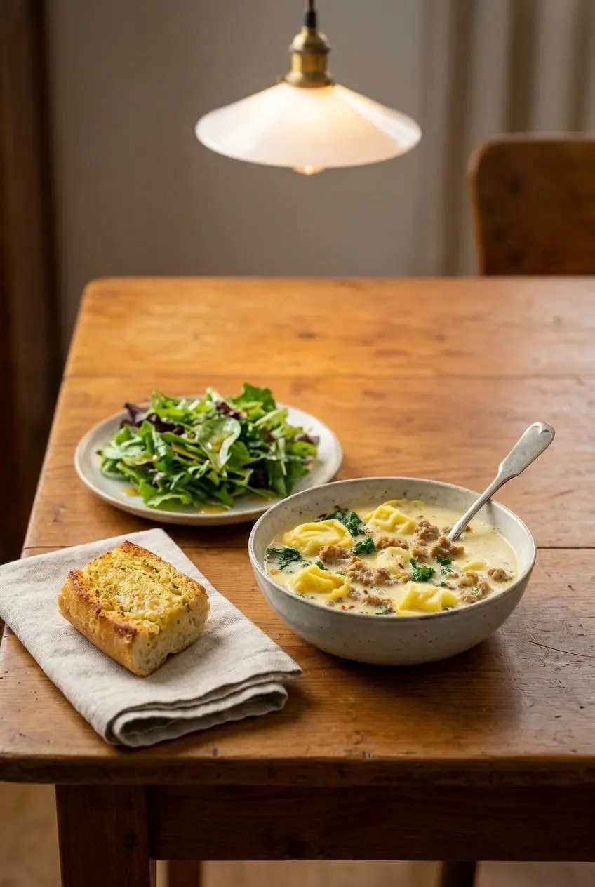 A bowl of sausage tortellini soup served on a wooden table with a side salad and a piece of crusty garlic bread.