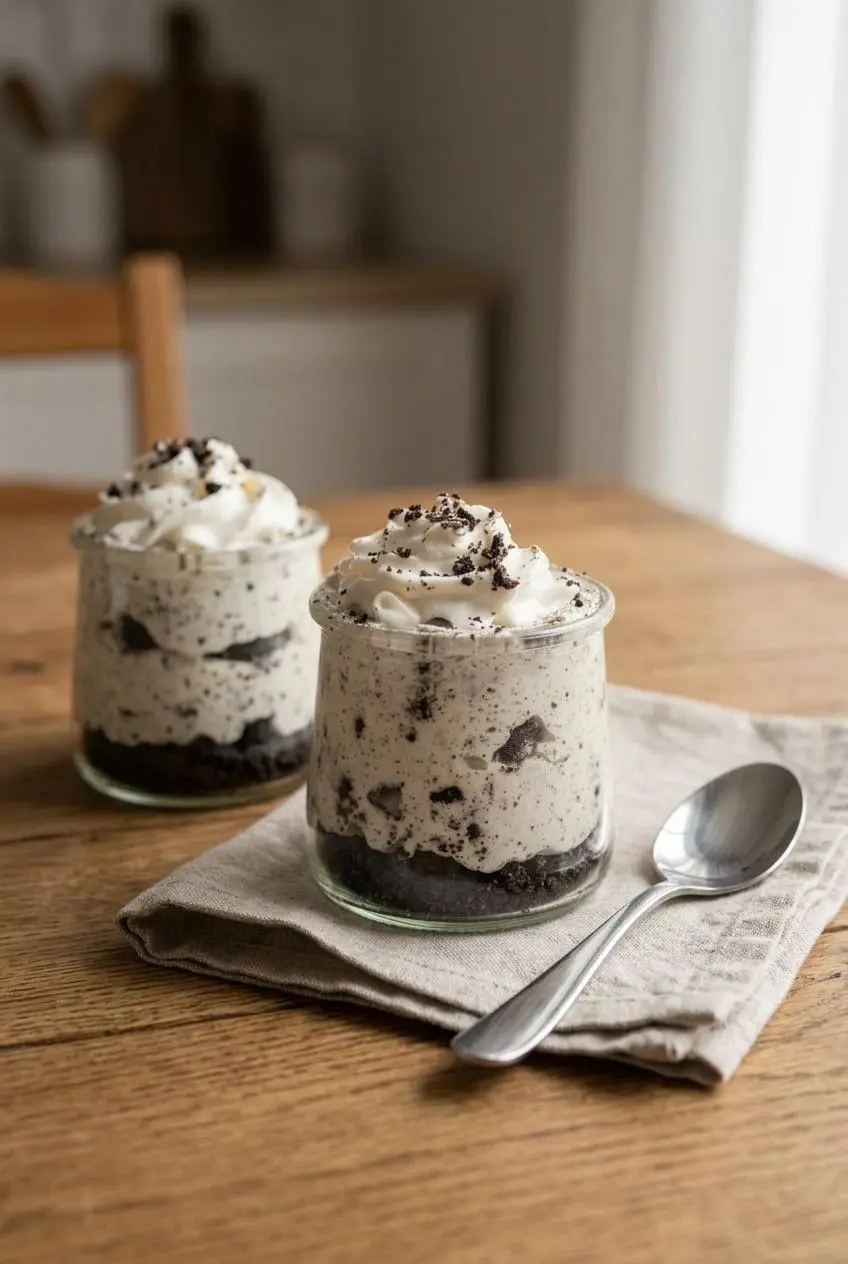 Two Oreo cheesecake cups served in glass dishes on a rustic oak table with a silver spoon on a napkin.