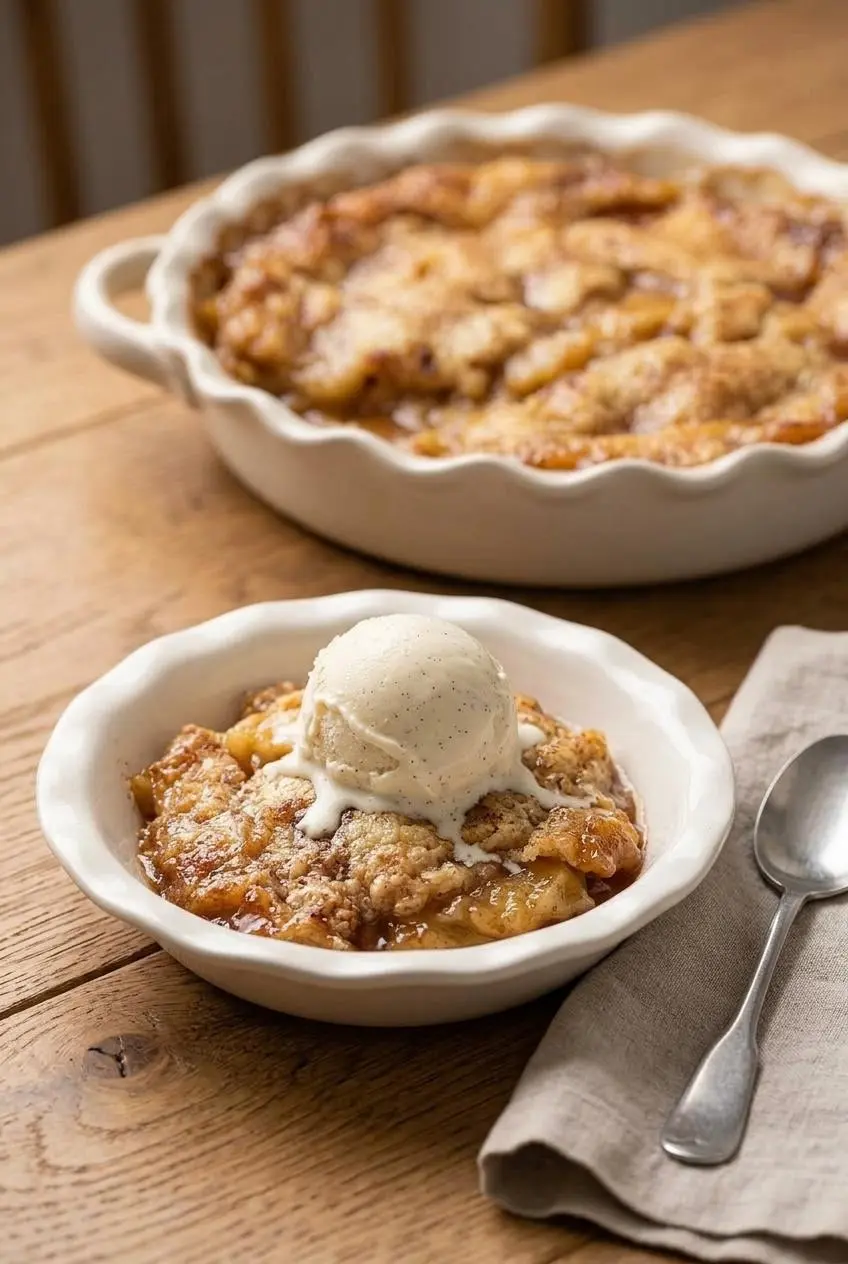 A warm scoop of apple cinnamon dump cake in a rustic ceramic bowl, topped with melting vanilla bean ice cream.