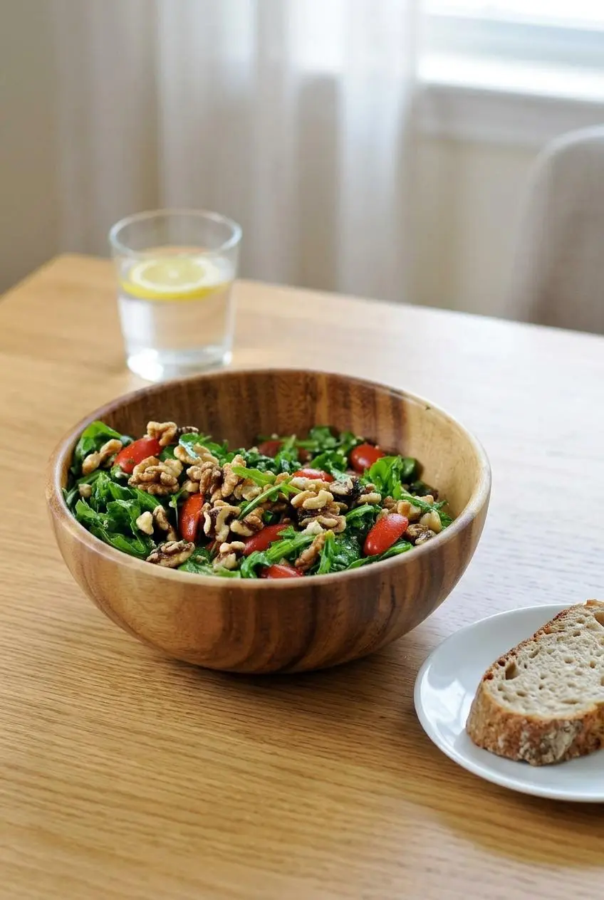 A bowl of arugula salad served for lunch on a wooden table, with a side plate holding a piece of crusty bread and a glass of water in the
