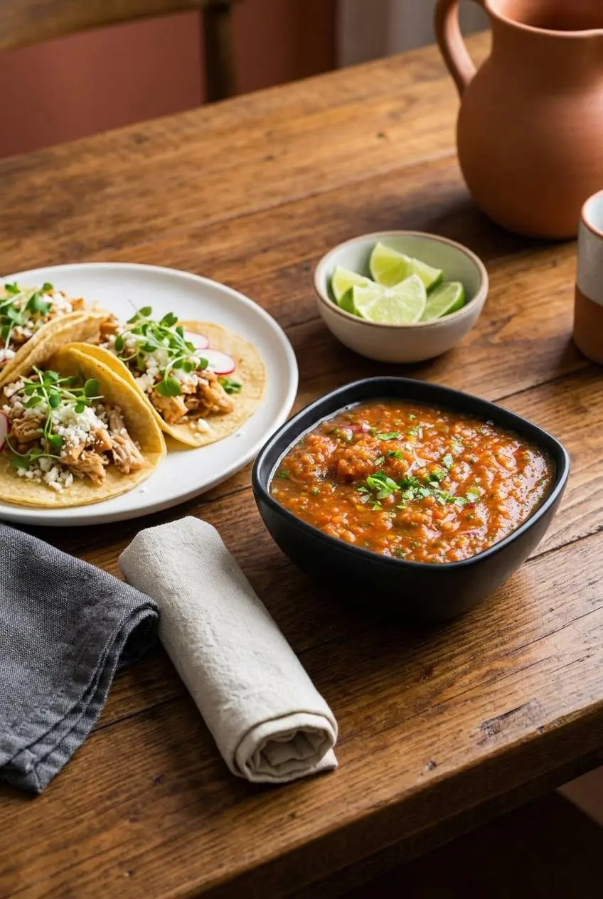 A bowl of homemade blender salsa served on a wooden table alongside chicken tacos and fresh lime wedges for a taco night meal.