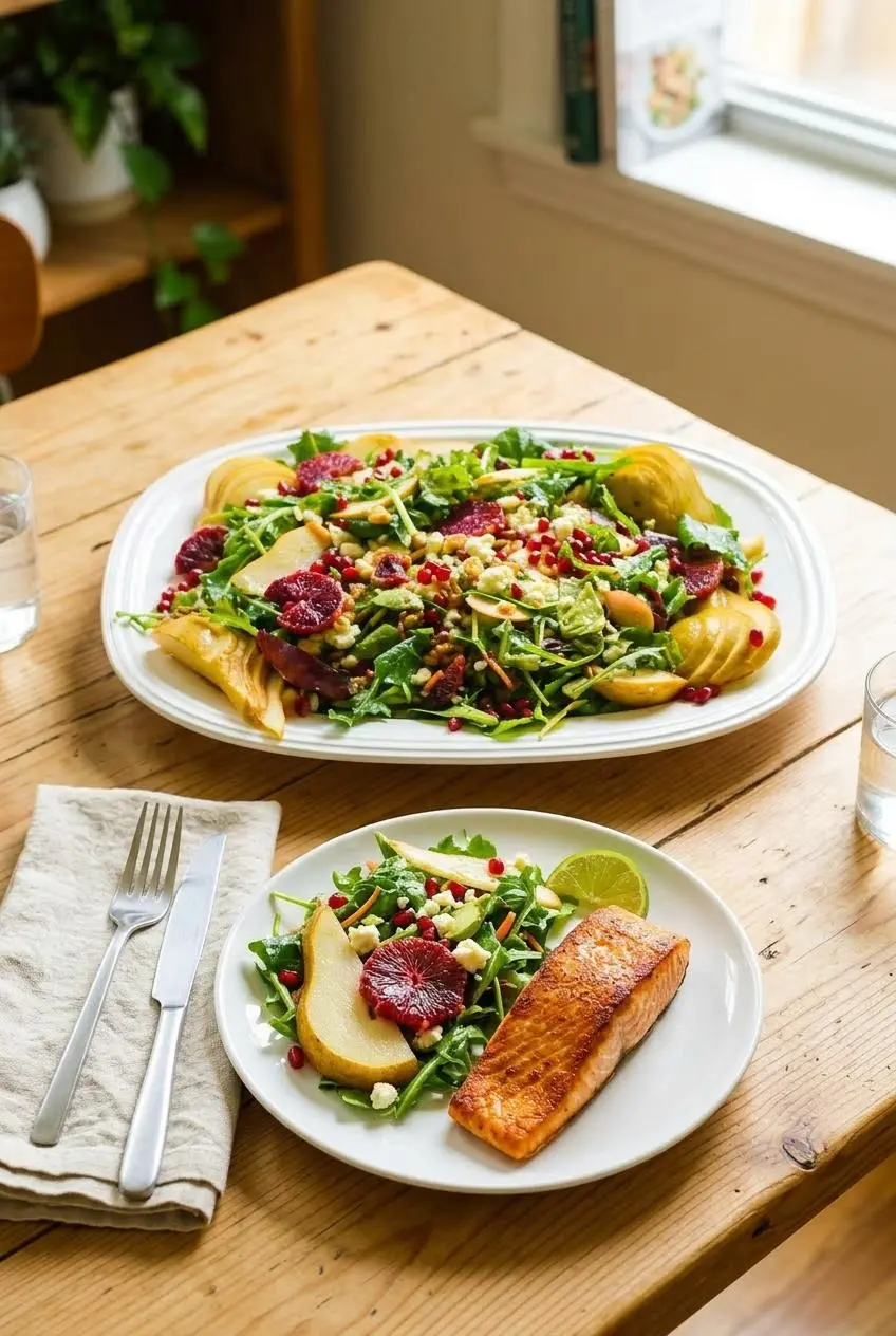 A plate of blood orange salad served on a wooden table next to a seared salmon fillet with crispy skin, showing a complete meal idea.
