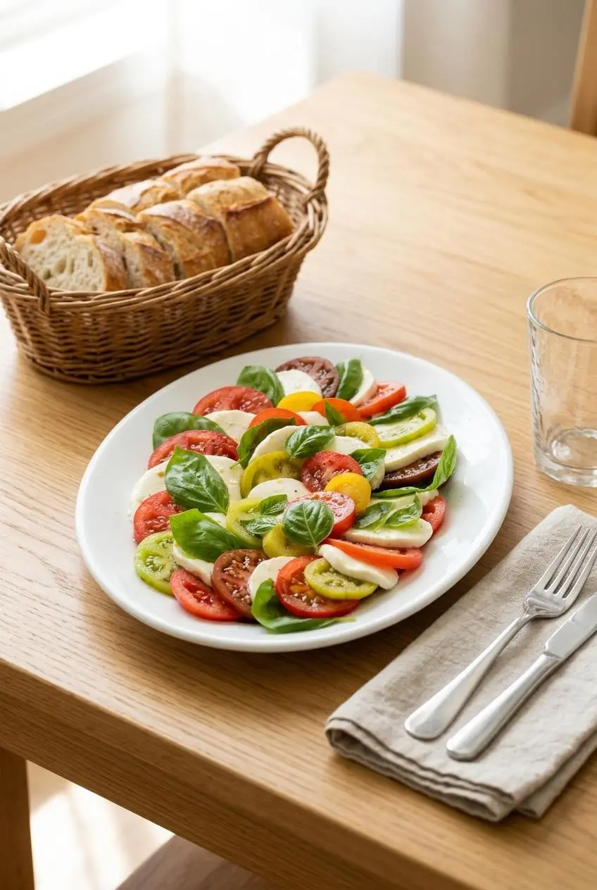 A platter of Caprese salad set on a wooden table for an appetizer, served with a basket of sliced crusty bread.