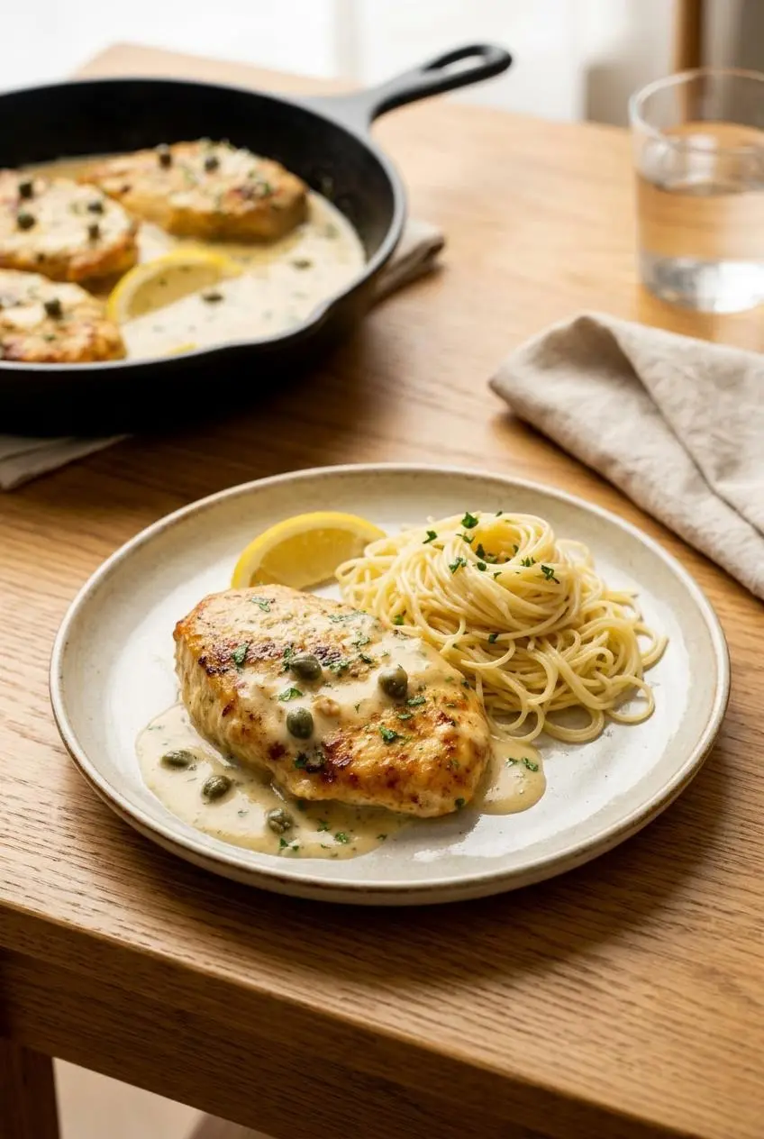 A serving of creamy chicken piccata on a light-colored plate with a swirl of angel hair pasta, ready for dinner.