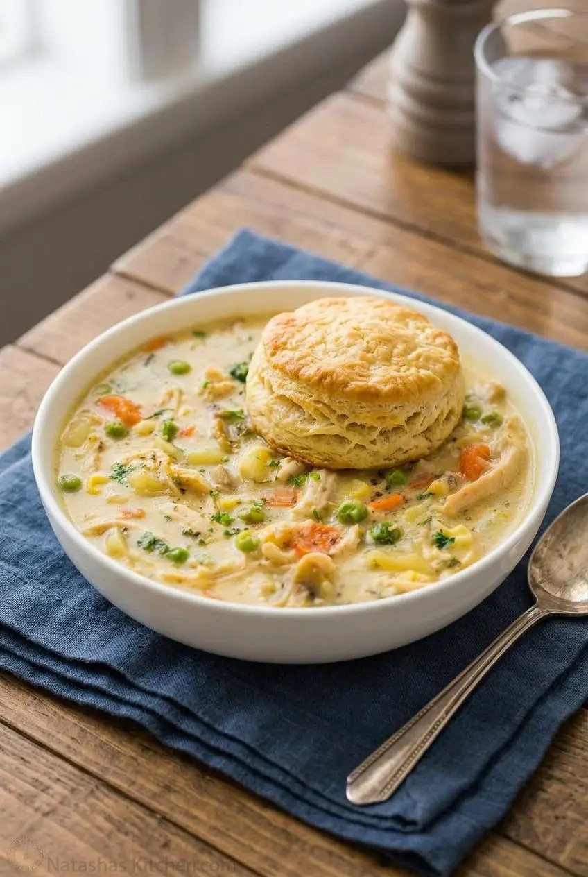 A bowl of chicken pot pie soup on a wooden table, topped with a large, golden-brown buttermilk biscuit.