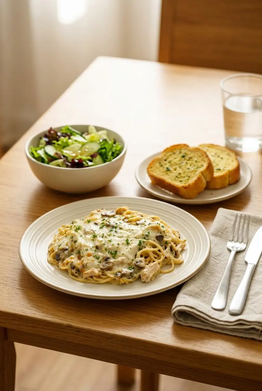 A serving of chicken tetrazzini on a white plate, garnished with parsley, next to a bowl of green salad and a piece of garlic bread.