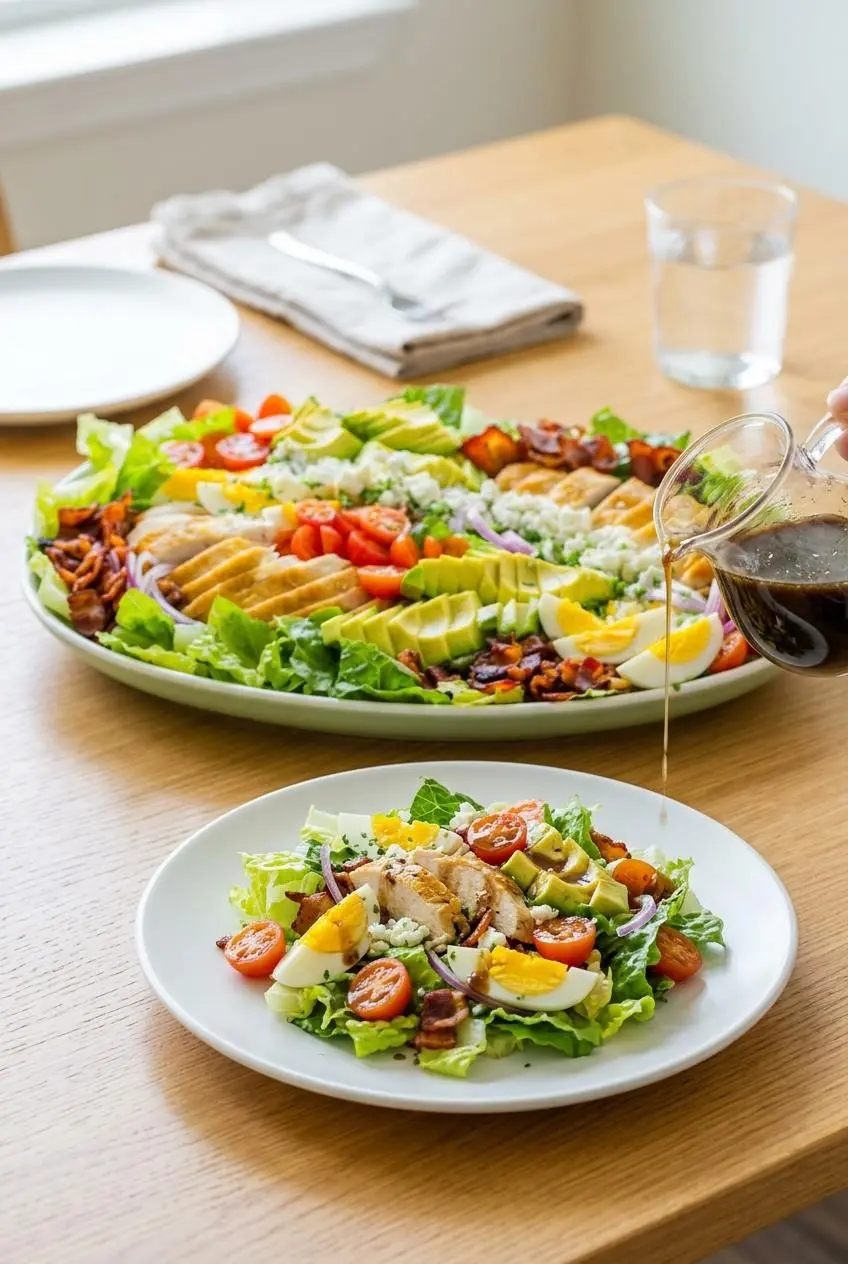 A portion of Cobb salad on a white plate, with balsamic vinaigrette being drizzled from a cruet just before serving.