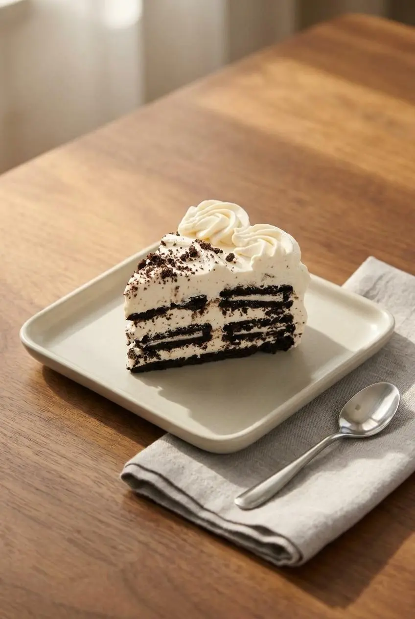 A neat slice of cookies and cream icebox cake served on a plate with a spoon on a sunlit wooden table.