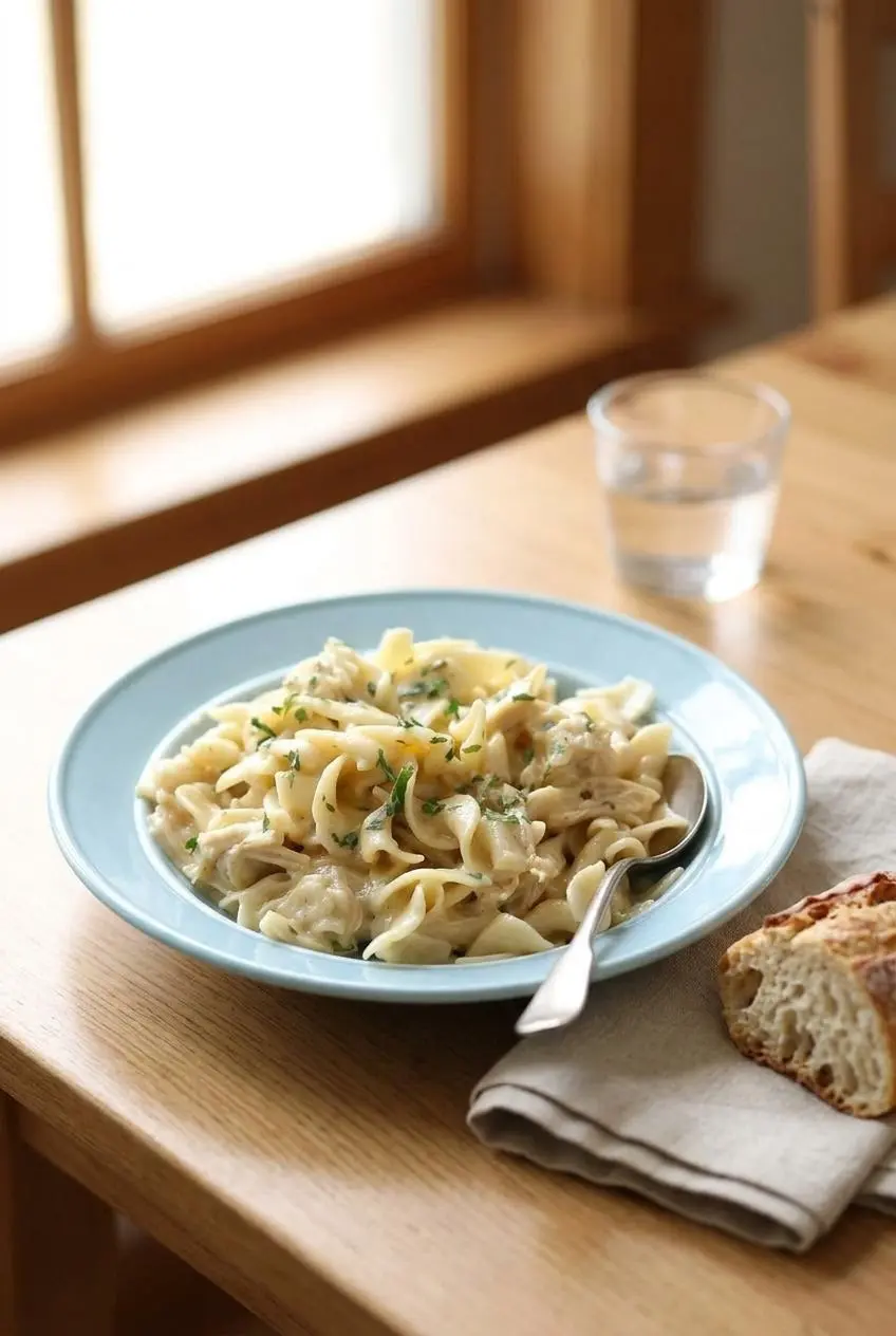 A bowl of crockpot chicken and noodles served on a wooden table with a piece of crusty bread on the side.
