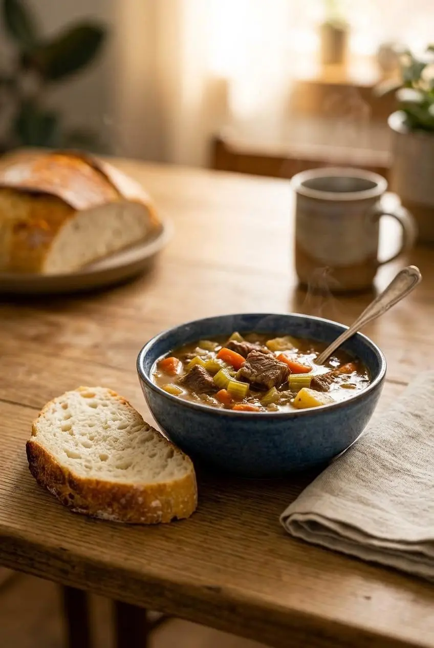A thick slice of crusty bread served next to a rustic blue bowl of hearty beef stew, ready for dipping on a wooden table.