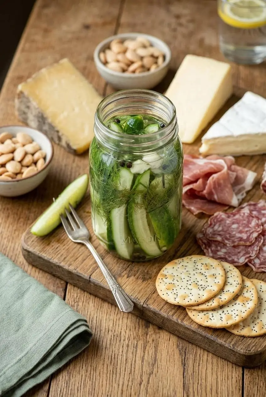 A jar of homemade dill pickles served on a wooden charcuterie board with artisan cheeses, crackers, and cured meats.