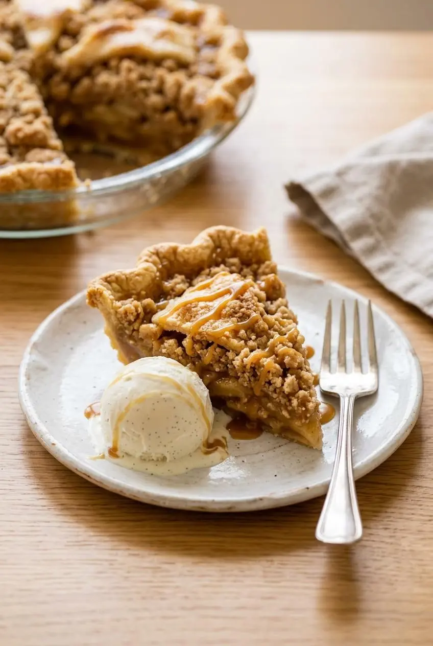 A slice of Dutch apple pie on a white dessert plate, served with a scoop of vanilla bean ice cream and drizzled with salted caramel sauce.