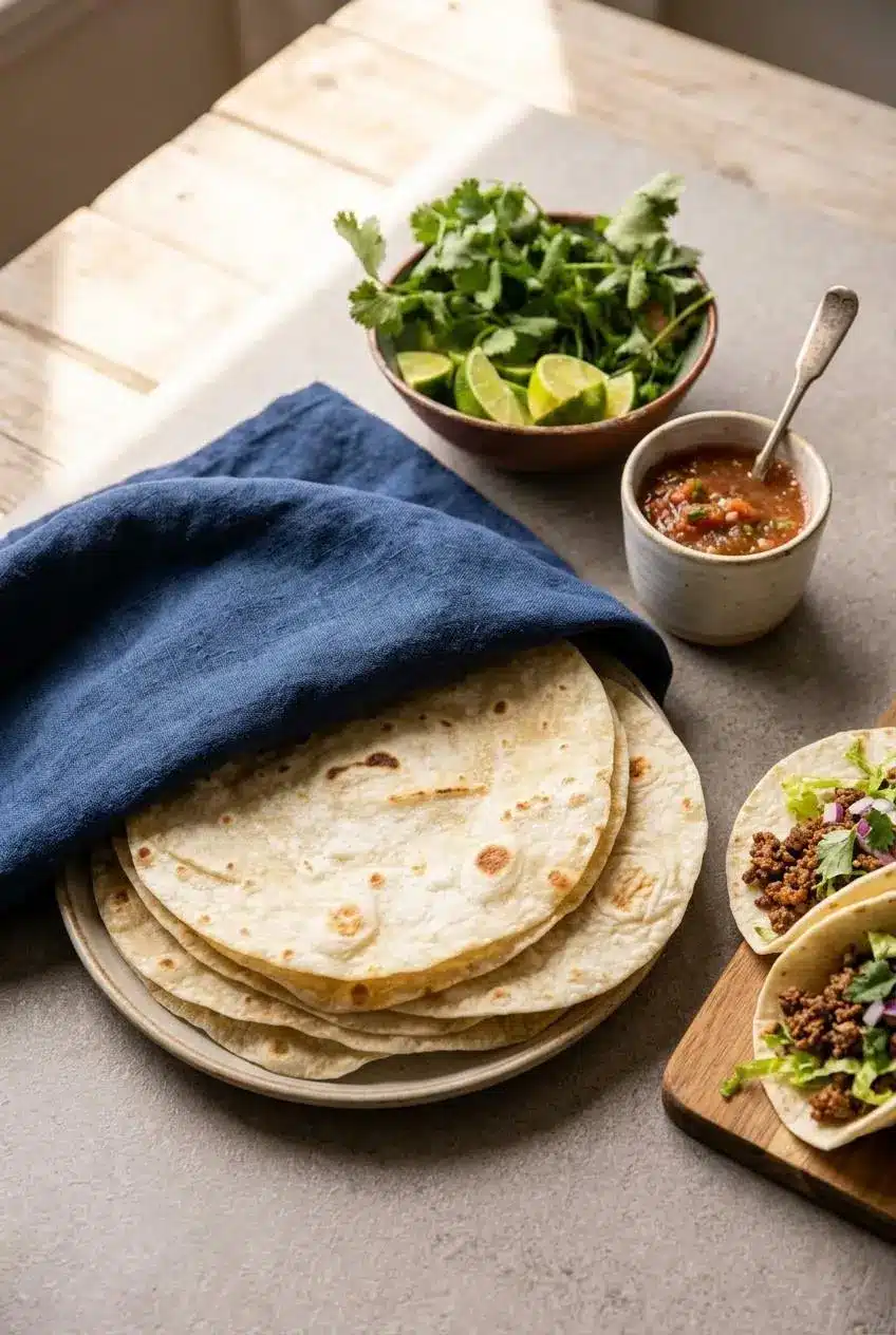A top-down view of two ground beef tacos made with homemade flour tortillas, served on a wooden board next to a bowl of salsa.