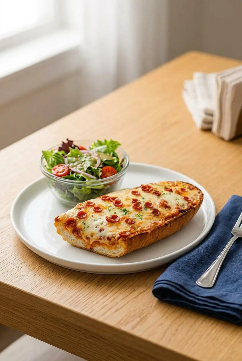 A slice of pepperoni French bread pizza on a white plate, served for dinner with a simple green side salad in a glass bowl.