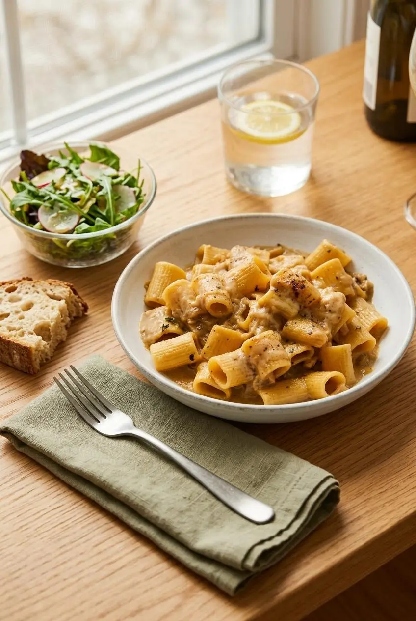A plated bowl of French onion pasta on a wooden table, served with a simple green side salad and a piece of crusty bread.