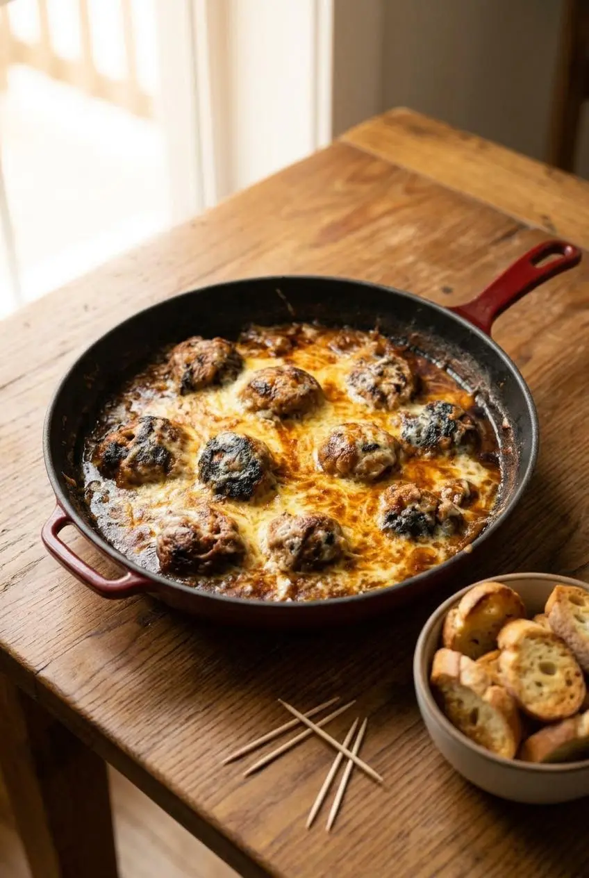 A skillet of French onion soup meatballs served as an appetizer on a wooden table with a bowl of toasted baguette slices for dipping.