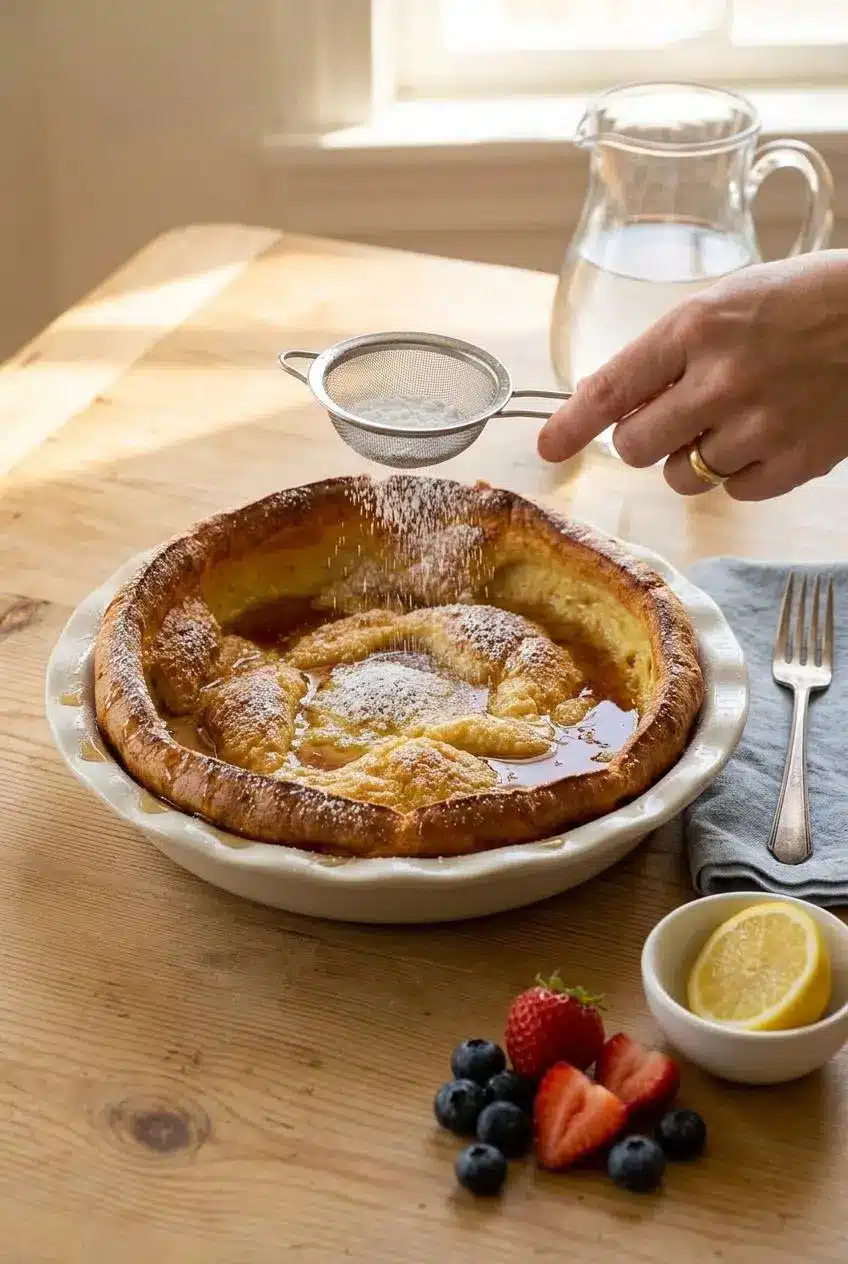A hand using a sifter to dust powdered sugar over a freshly baked German pancake, with a bowl of berries and a lemon wedge nearby.