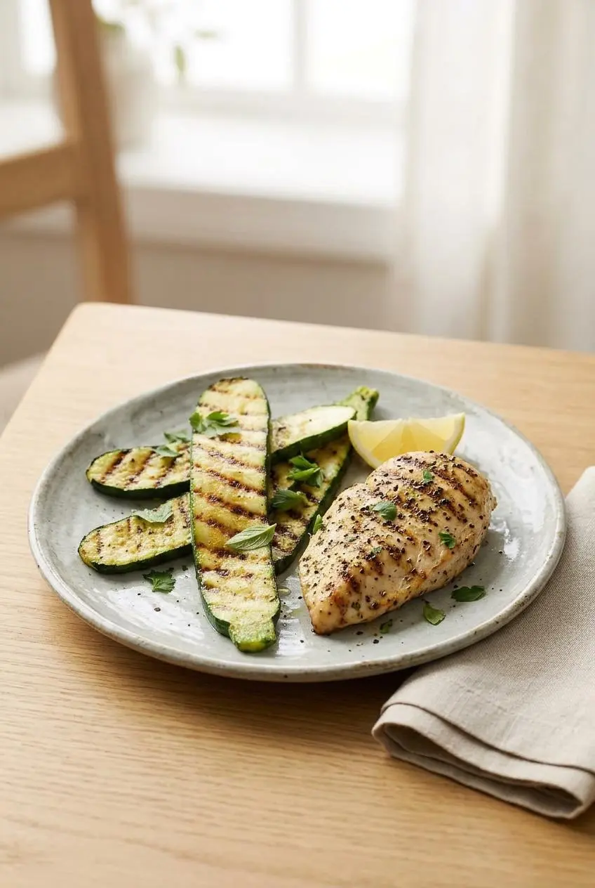 A plate of grilled chicken breast served with a side of grilled zucchini planks, garnished with parsley and a lemon wedge.