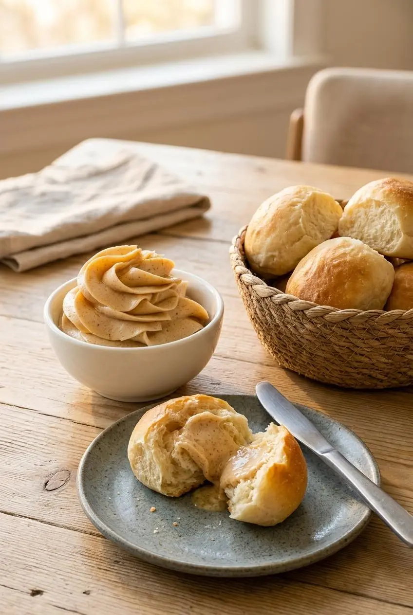 A bowl of honey butter on a wooden table next to a basket of warm dinner rolls, with one roll broken open showing melting honey butter.