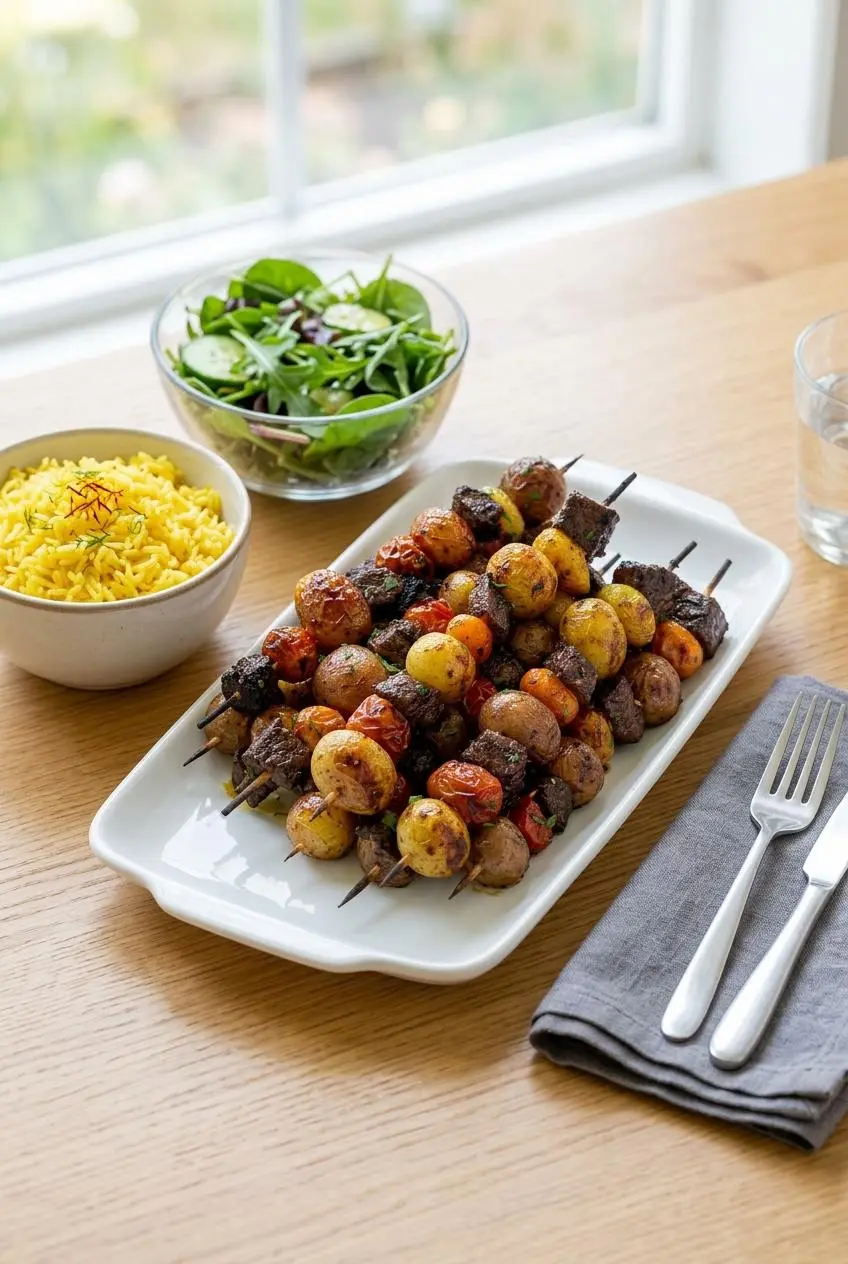 A platter of rosemary garlic steak kebabs served on a wood table with a bowl of saffron rice and a green salad.