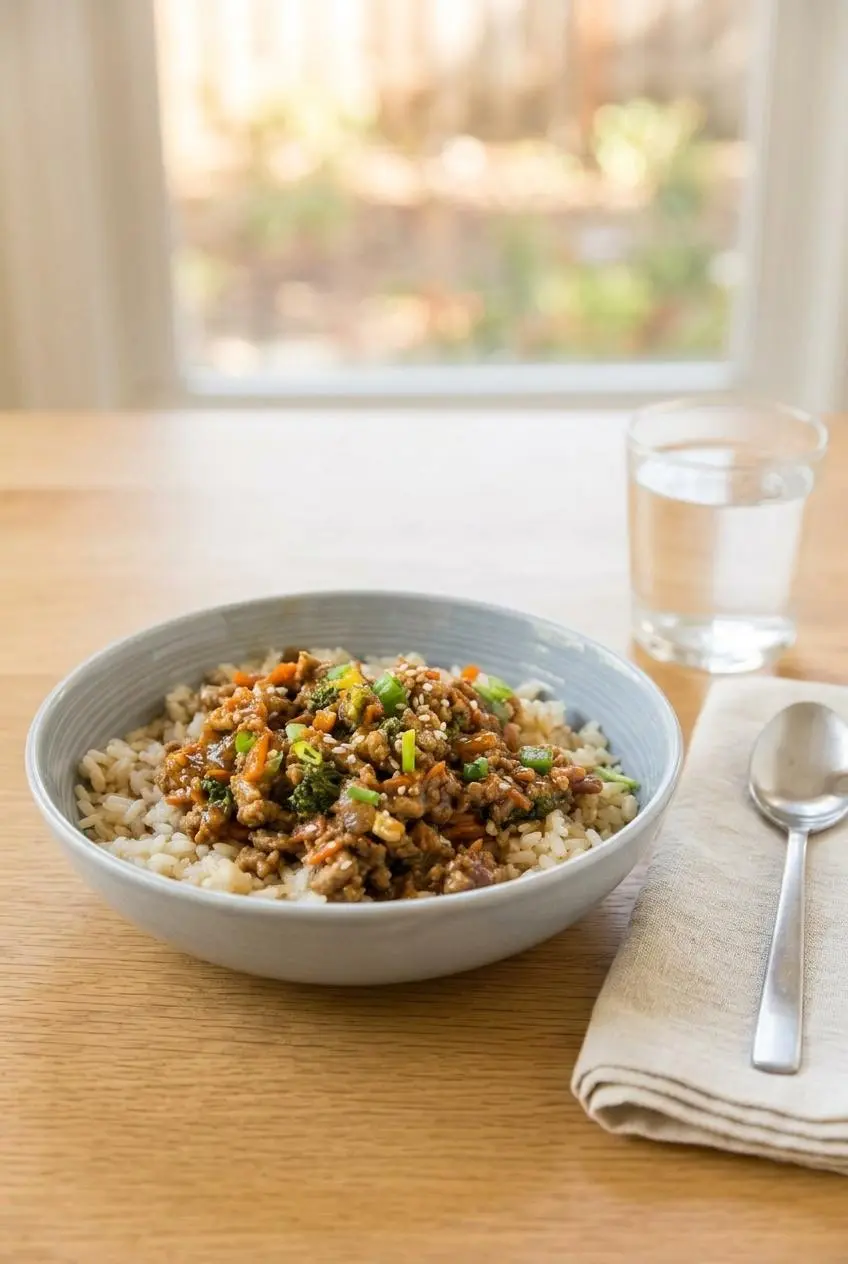 A ground turkey rice bowl served on a light wood table, garnished with sesame seeds, green onions, and sriracha, with a napkin and water