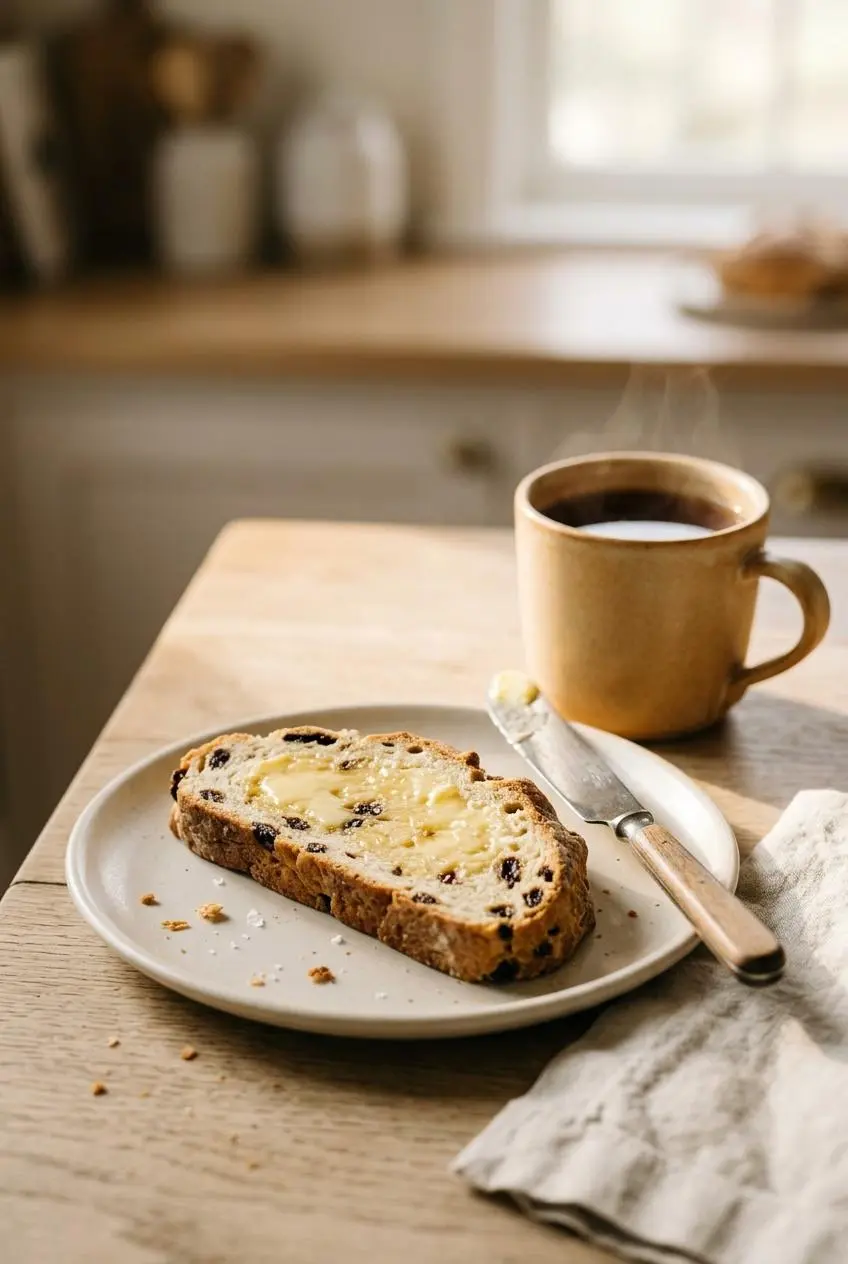 A thick slice of Irish soda bread with raisins, spread with melting butter, served on a white ceramic plate with a cup of hot tea.