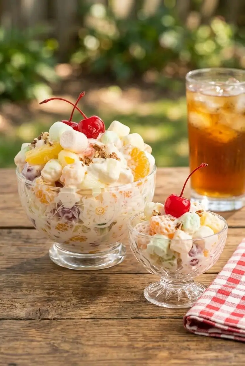 Marshmallow fruit salad served at a summer picnic, with a large bowl and a small individual portion in a glass dish topped with a cherry.