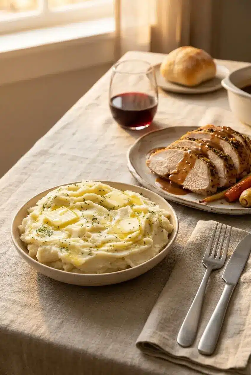 A bowl of mashed potatoes on a dinner table set with a linen cloth, served next to a platter of sliced roast turkey.
