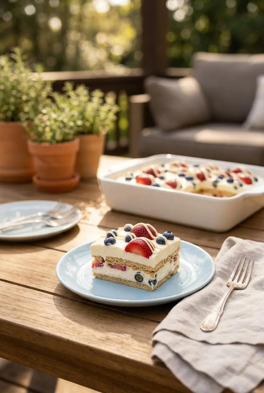 A single slice of summer berry icebox cake served on a light blue ceramic plate on a sunny outdoor patio.