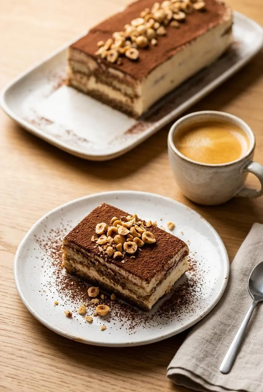 A plated slice of Nutella Tiramisu topped with toasted hazelnuts next to a hot cup of espresso on a wood table.
