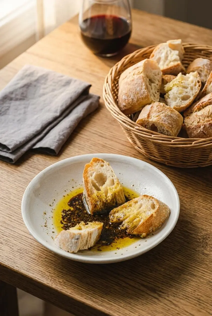 A serving of olive oil bread dip on a rustic wood table, next to a wicker basket of torn ciabatta and a glass of red wine in the background.
