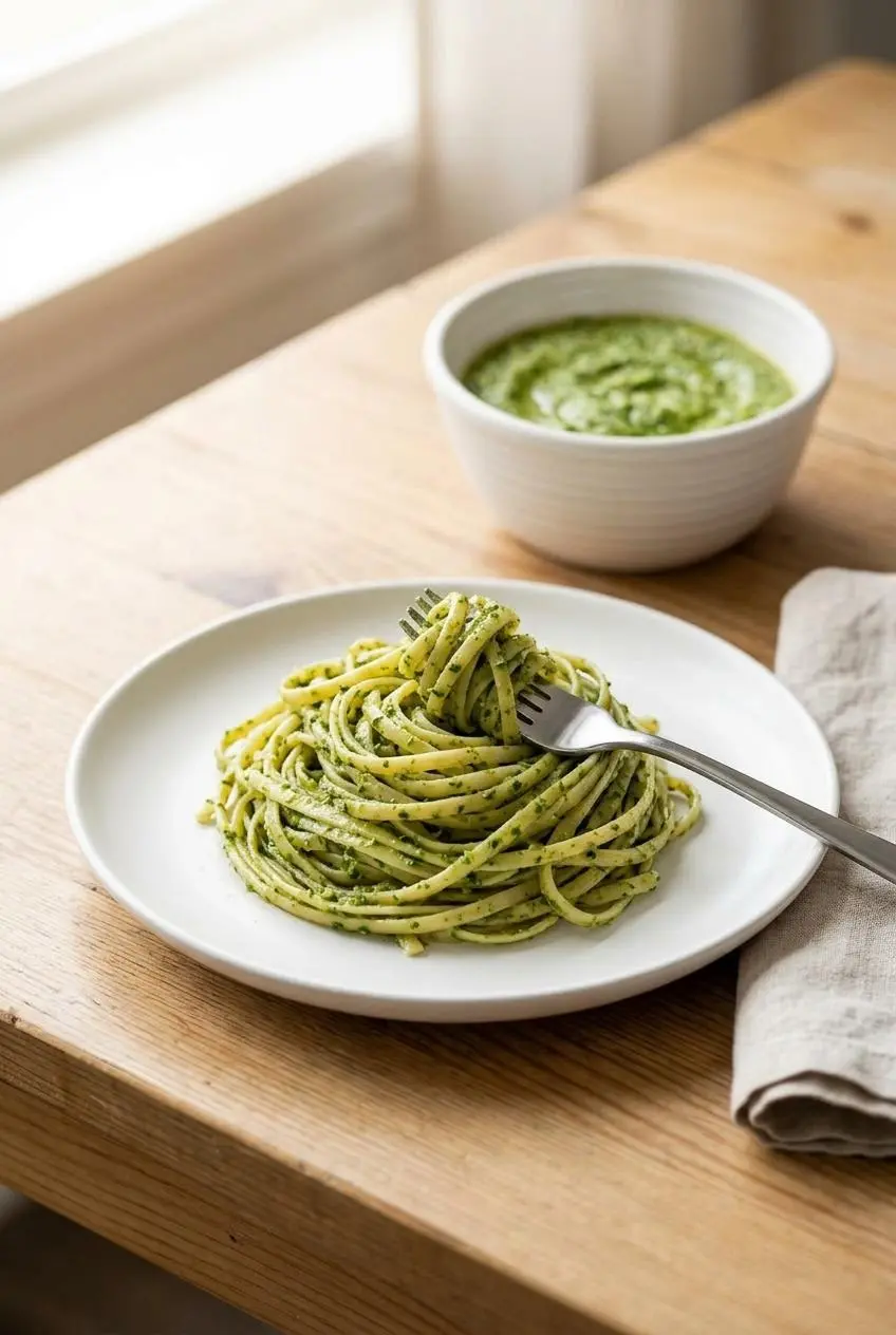 A white plate of fresh linguine tossed in bright green basil pesto, with a fork twisting up a bite.
