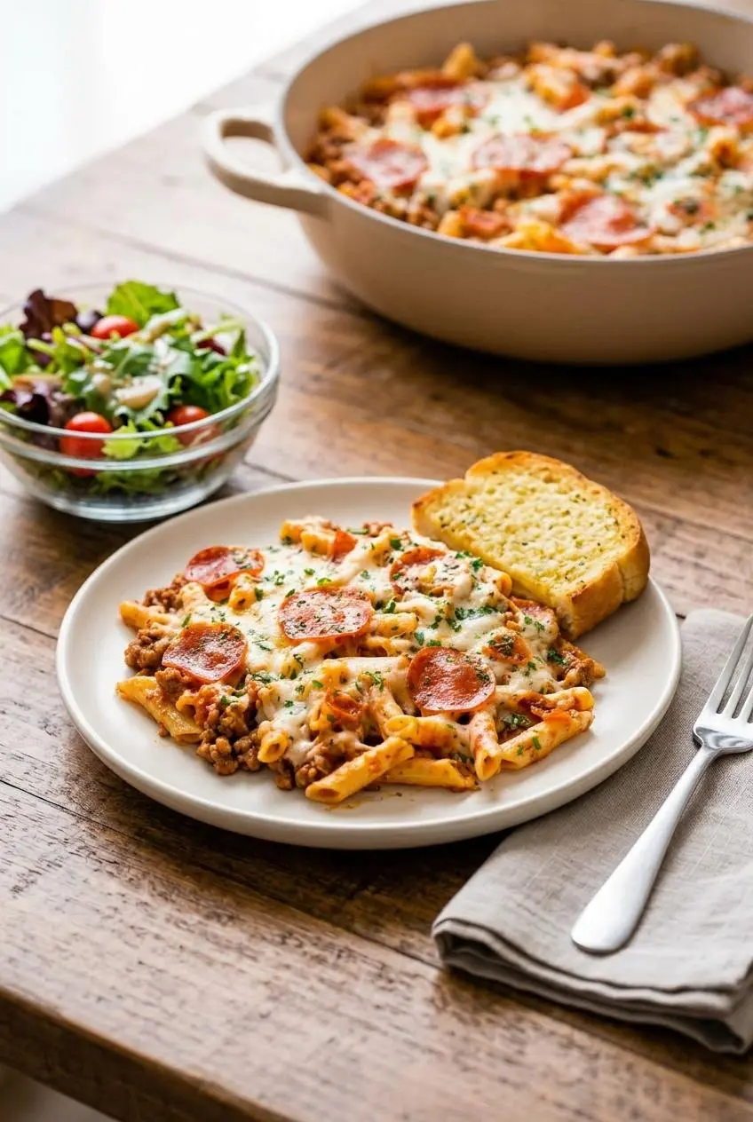 A serving of pizza pasta bake on an off-white plate, set with a side salad in a glass bowl and a piece of crusty garlic bread.