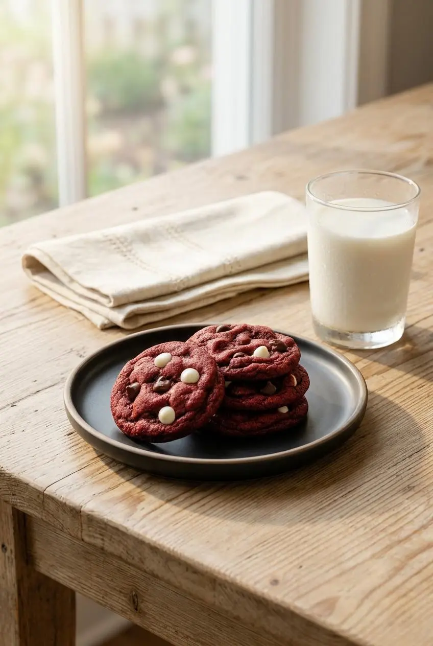 A small stack of red velvet chocolate chip cookies on a white ceramic plate, served with a glass of milk on a rustic wooden table.