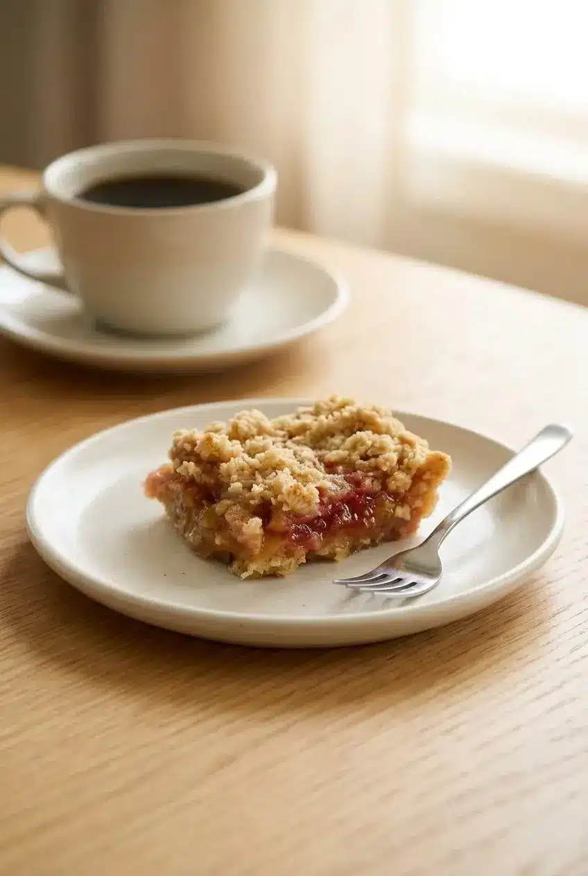 A single rhubarb crumb bar on a small white plate with a dessert fork, next to a cup of coffee on a light wood table.