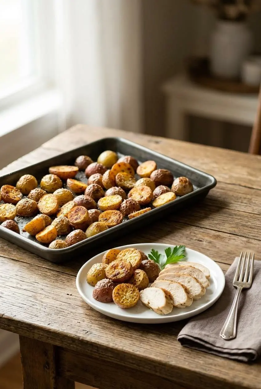 A serving of crispy baby potatoes on a white plate next to sliced roasted chicken breast, set on a wooden dining table.