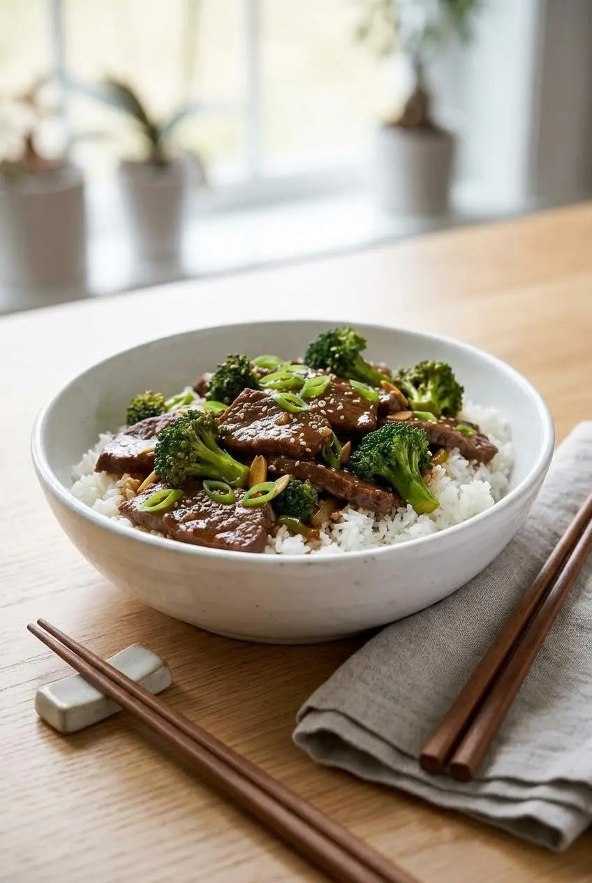 A serving of slow cooker beef and broccoli over jasmine rice in a bowl, set on a wooden table with chopsticks and a linen napkin.