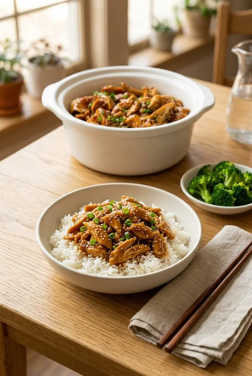 A teriyaki chicken bowl with shredded chicken over white rice, served with steamed broccoli, and garnished with sesame seeds and green