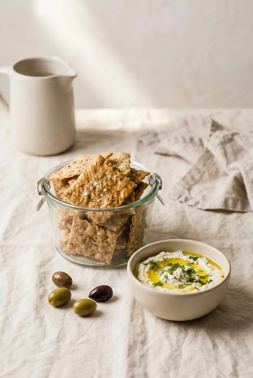 A white bowl filled with sourdough discard crackers sits next to a smaller bowl of creamy whipped feta dip on a light linen tablecloth.